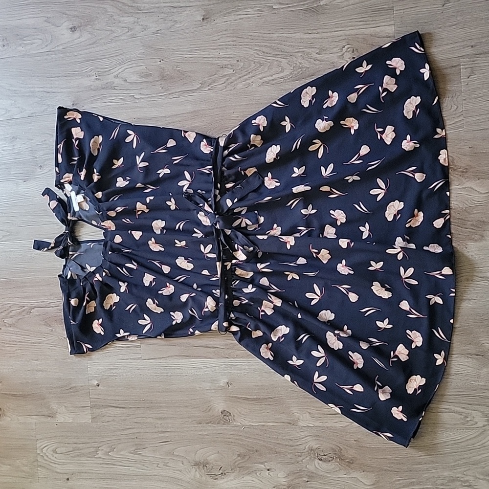 Floral Pleated Mini Dress w/ Keyhole Tie Back & Elastic Waist